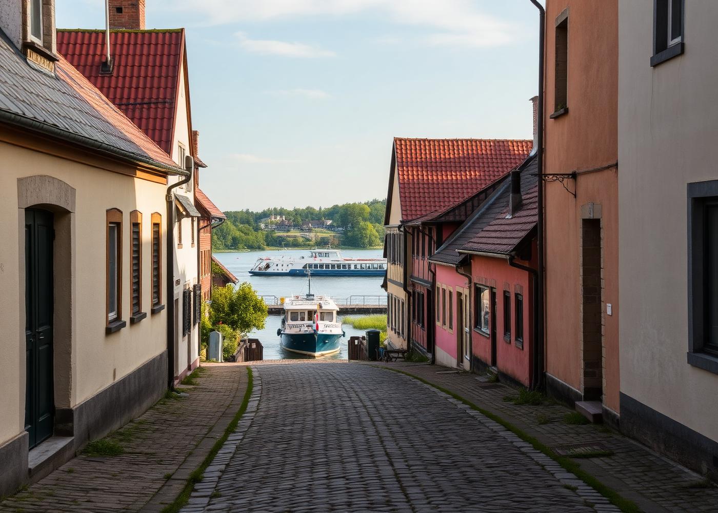 Blick durch eine kleine Gasse in Caputh Richtung Havel